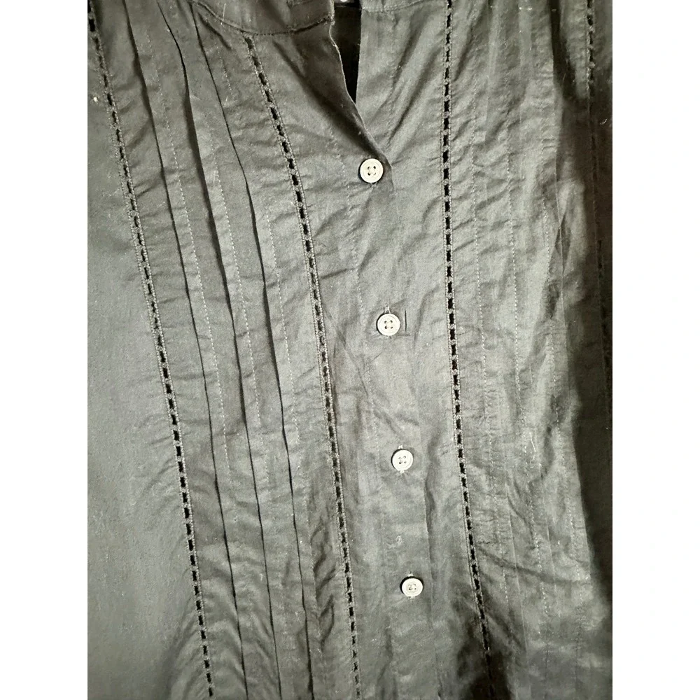 Banana Republic Black Pleated Voile Blouse Short Puff Sleeve XXS Pintuck Cotton